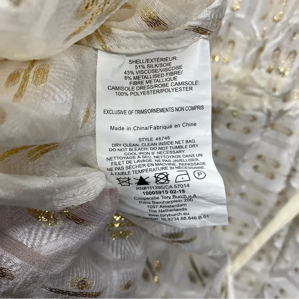 NEW Tory Burch Jasmine Metallic Ruffle Dress Silk Blend Ivory Tassel Tie Waist